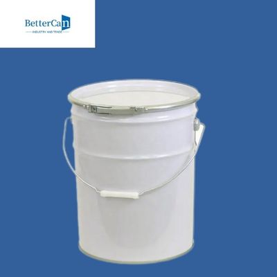 Okrągłe metalowe wiadro na farbę o pojemności 20 l, białe na zewnątrz, z metalową osłoną