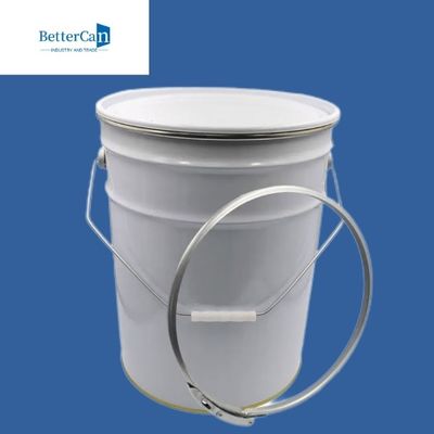 Okrągłe metalowe wiadro na farbę o pojemności 20 l, białe na zewnątrz, z metalową osłoną